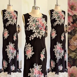 90s Black Floral Bias Cut Empire Maxi Length Feminine Vintage Botanical Dress
